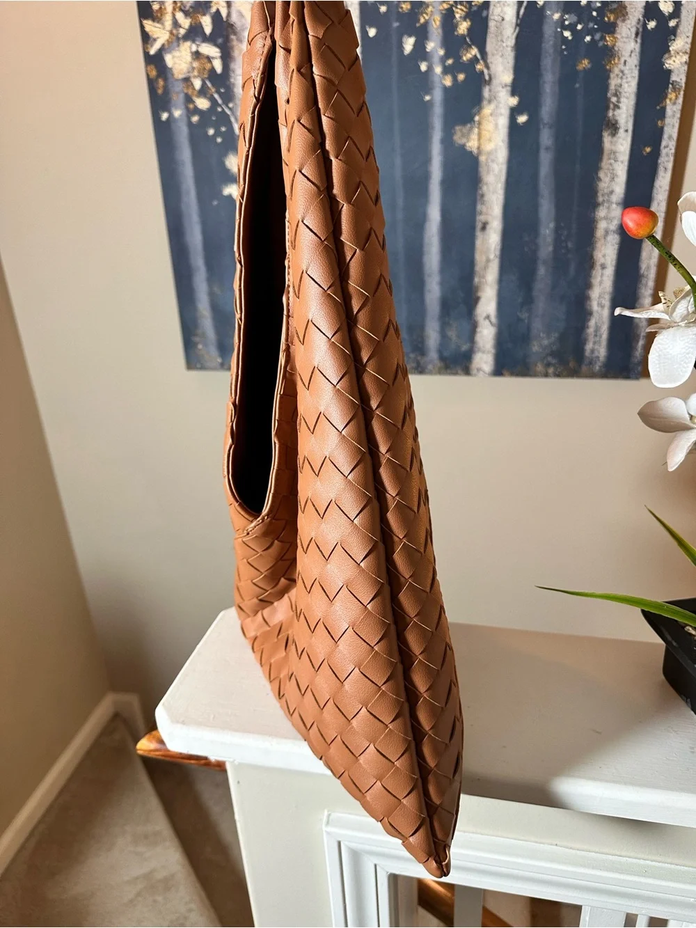 Woven Hobo Shoulder Bag in Cognac Brown